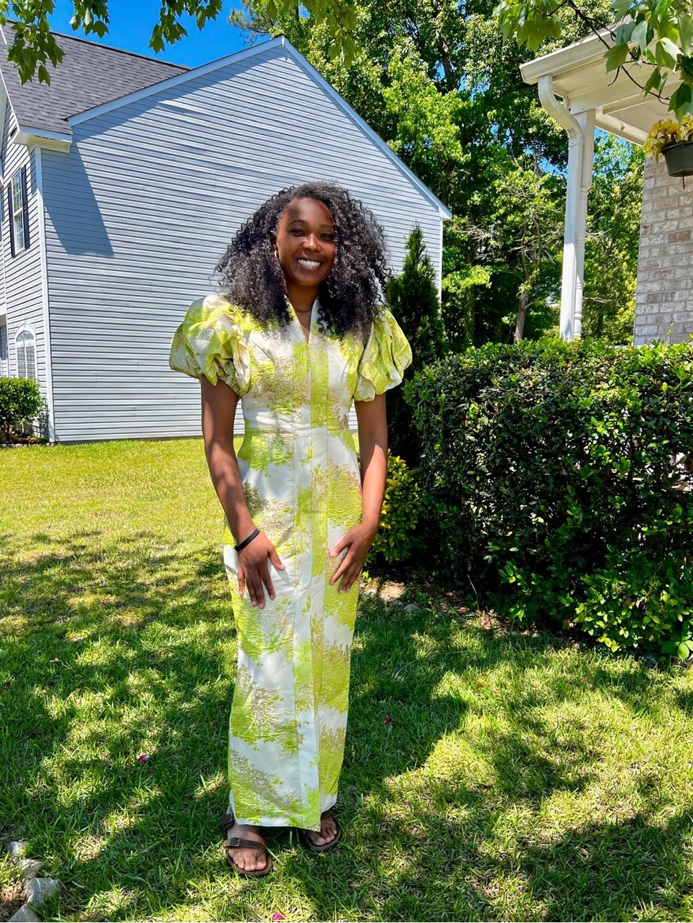 Light Green and Cream Puff Sleeve Midi Damask Brocade Dress